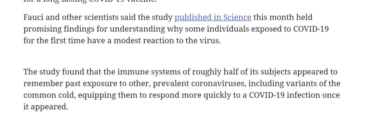 let's highlight one specific part of that article.this is fauci literally agreeing that there is pre-existing cross resistance from prior exposure to other corona viruses.this is 6 weeks ago.this seems to cast some severe doubt on the honesty of his testimony yesterday.