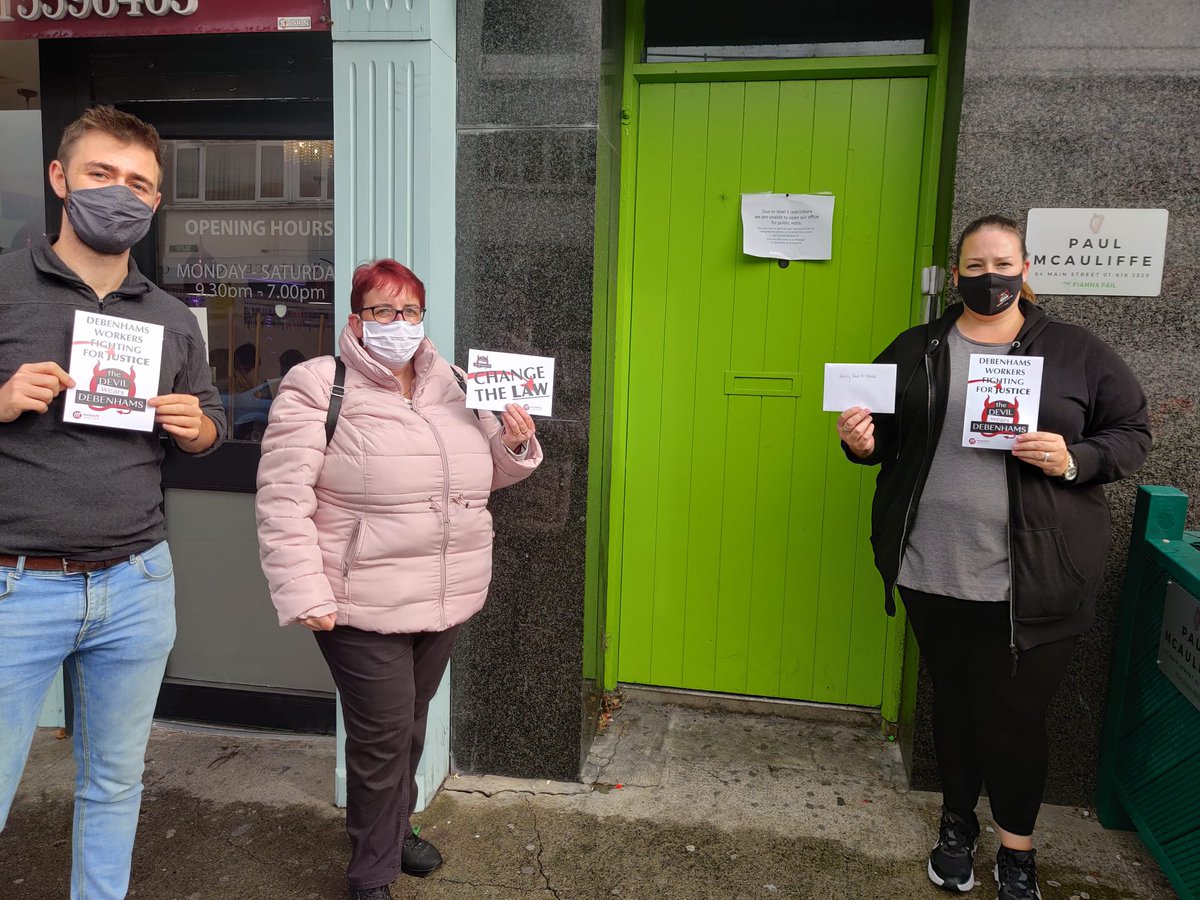 LenehanConor's tweet photo. #Debenhams workers from DNW and @ConorReddyPBP deliver a strong message to @PaulMcauliffe office this morning in Finglas.
Forgotten and ignored by local FF TD.
We are not going away. #Solidarity with ex #Debenhams  staff. @pb4p DNW https://t.co/CWxcIDD3sZ