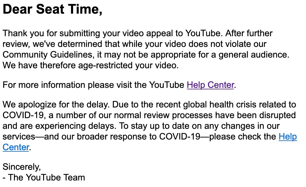 #Youtube just age restricted a video that has been on the platform for over 2 years. Any HELP from the #YoutubeCommunity on video restriction and no chance to communicate again on appeal rejection.
