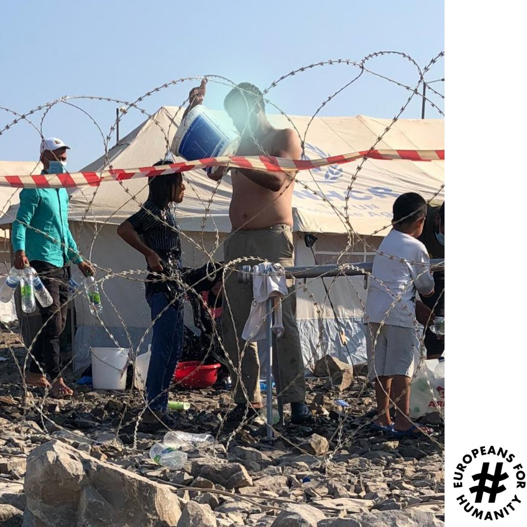 "Showering" in the open and with clothes on. Still no room for privacy and human dignity in Moria 2.0. 

How is this the human and humane approach to migration the President of the EU Commission called for a few weeks ago?