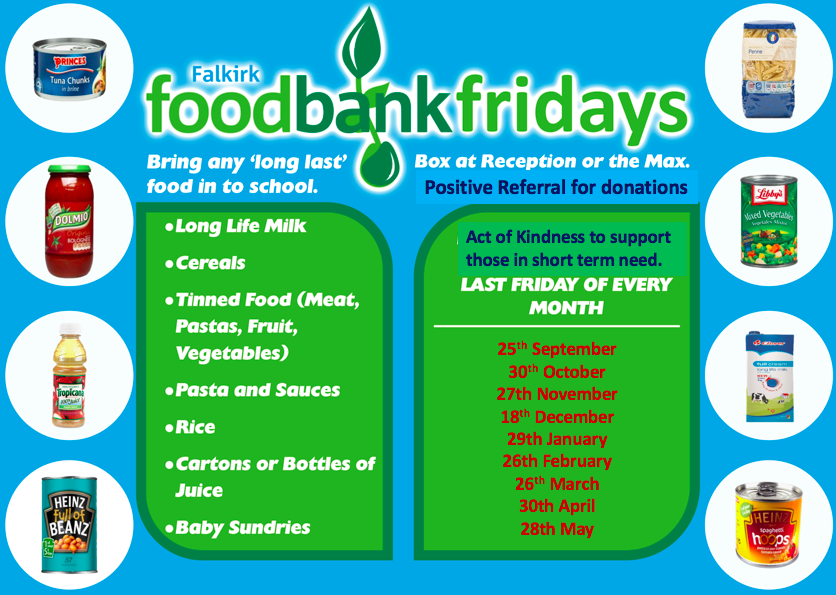 LarbertHigh's tweet photo. Our first Foodbank Friday is tomorrow - please think about donating a tin or packet to help local families in need. https://t.co/smCyDmDjHA