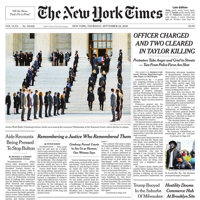 Hillary Clinton simply getting pneumonia in 2016 led to A1 front page above the fold headlines in The New York Times. Surely news that Trump refuses to commit to a peaceful transfer of power made the front page? No, it’s on A15.