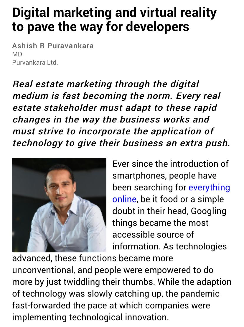 ourprovident's tweet photo. Read an article penned down by our Managing Director, Mr. Ashish Puravankara, where he addresses how Real Estate Marketing through the Digital medium is transforming into the new norm & how stakeholders must adapt to these rapid changes.
https://t.co/Z3CKDLSMaP
#RealTimeRealty https://t.co/1PpWoSYunp