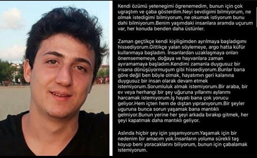 kullanici1881a's tweet photo. @cumhuriyetgzt Biz bu ülkeye bir g��nde küsmedik.
Lütfen anlayın.Eğitim adalet düzelmediği sürece biz Türk gençleri  hükümetin hevesleri,masalları ve para aşkı için hırsları altında ezileceğiz.Halbuki biziz bu ülkenin geleceği,gençleri,umudu... 
#intihar https://t.co/SZ8fJ7FecD
