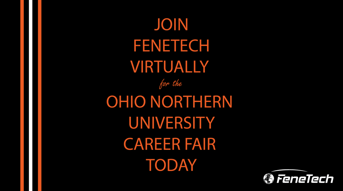FeneTech's tweet photo. FeneTech is proud to be virtually attending the Ohio Northern University career fair today. If you cannot attend, please visit our website for more information about our positions or submit your resume to careers@fenetech.com. #CareerFairs #NowHiring #JobsinTech #JobsinSoftware https://t.co/8pTg1aUMxN