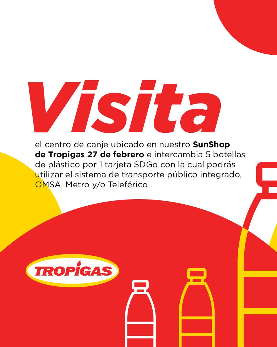 TropigasRD's tweet photo. Nos unimos al #MoviClaje únete tu también ¡tus botellas te transportan! Intercambia tus botellas plásticas por 1 tarjeta SDGo y empieza a disfrutar los beneficios de reciclar que te da la ciudad @intrant_rd @OMSA_RD @METROSD_RD @telefericosd https://t.co/1XLJef8llw
