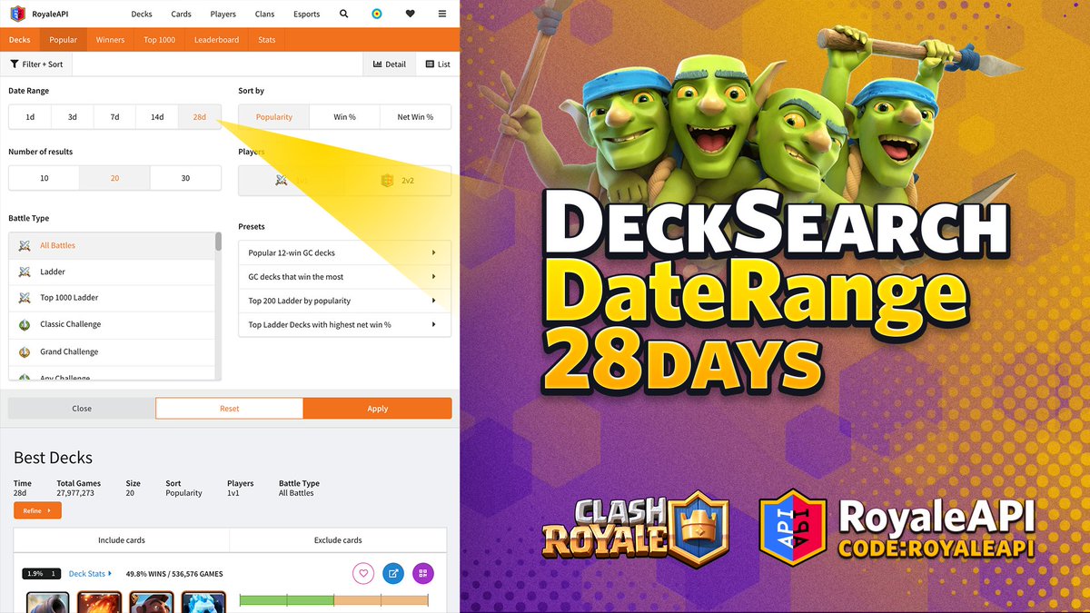 🇺🇸 We hired some Goblins to do a few extra shifts on our site, and thx to their hard work, you can now search 28 days worth of decks! 
🇪🇸 Ya puedes filtrar hasta 28 días en nuestro buscador de mazos!
🇯🇵 デッキを28日間で絞り込めるように！
👉 on.royaleapi.com/decks

#ClashRoyale