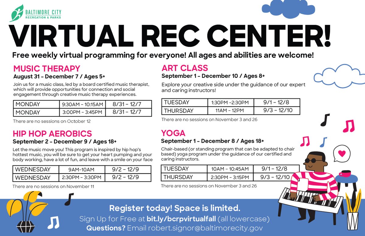 RecNParks's tweet photo. The #VirtualRec has expanded! We are now offering live online programming. Enjoy yoga, music therapy and more. All ages and abilities are welcome. 

Learn more at https://t.co/vDS6UKDVkw. https://t.co/tnNaCn1c7j