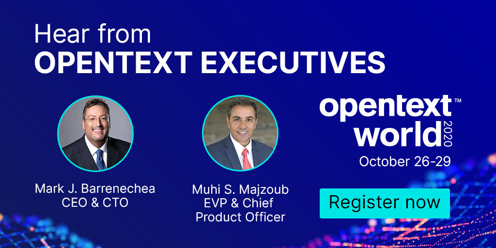 OpenText's tweet photo. Join us, OpenText CEO @MarkBarrenechea and OpenText EVP @MuhiSMajzoub this October at #OpenTextWorld - THE Information Management event of the year! Register now: https://t.co/x3NOwXJaSD https://t.co/1cCfhw7D36