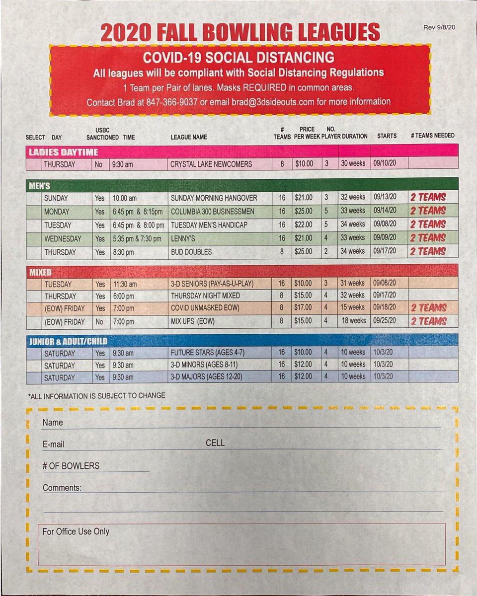 Teams are almost full! Sign up today! Call brad at 847-2366-9037 or brad@3dsideouts.com or visit 3dsideouts.com for more information. #sideouts #sideoutssportstavern #bowling #bowlingleagues #signup #mensleagues #womensleagues #mixedleagues #juniorleagues #3dbowl