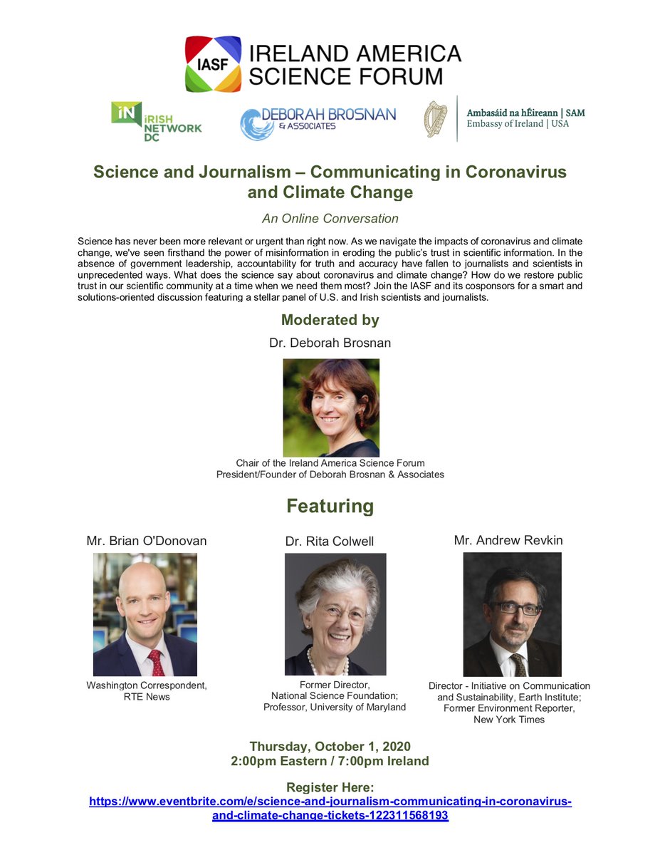 iasf_science's tweet photo. EVENT: Join the IASF, Deborah Brosnan &amp; Associates, @IrelandEmbUSA &amp; @IrishNetworkDC on Oct 1st for an  online discussion featuring U.S. and Irish scientists and journalists @BrianOD_News @DrRitaColwell @Revkin &amp; @deborahbrosnan.  Register today! https://t.co/uumWSQNqfp https://t.co/LK3GRVxh4U