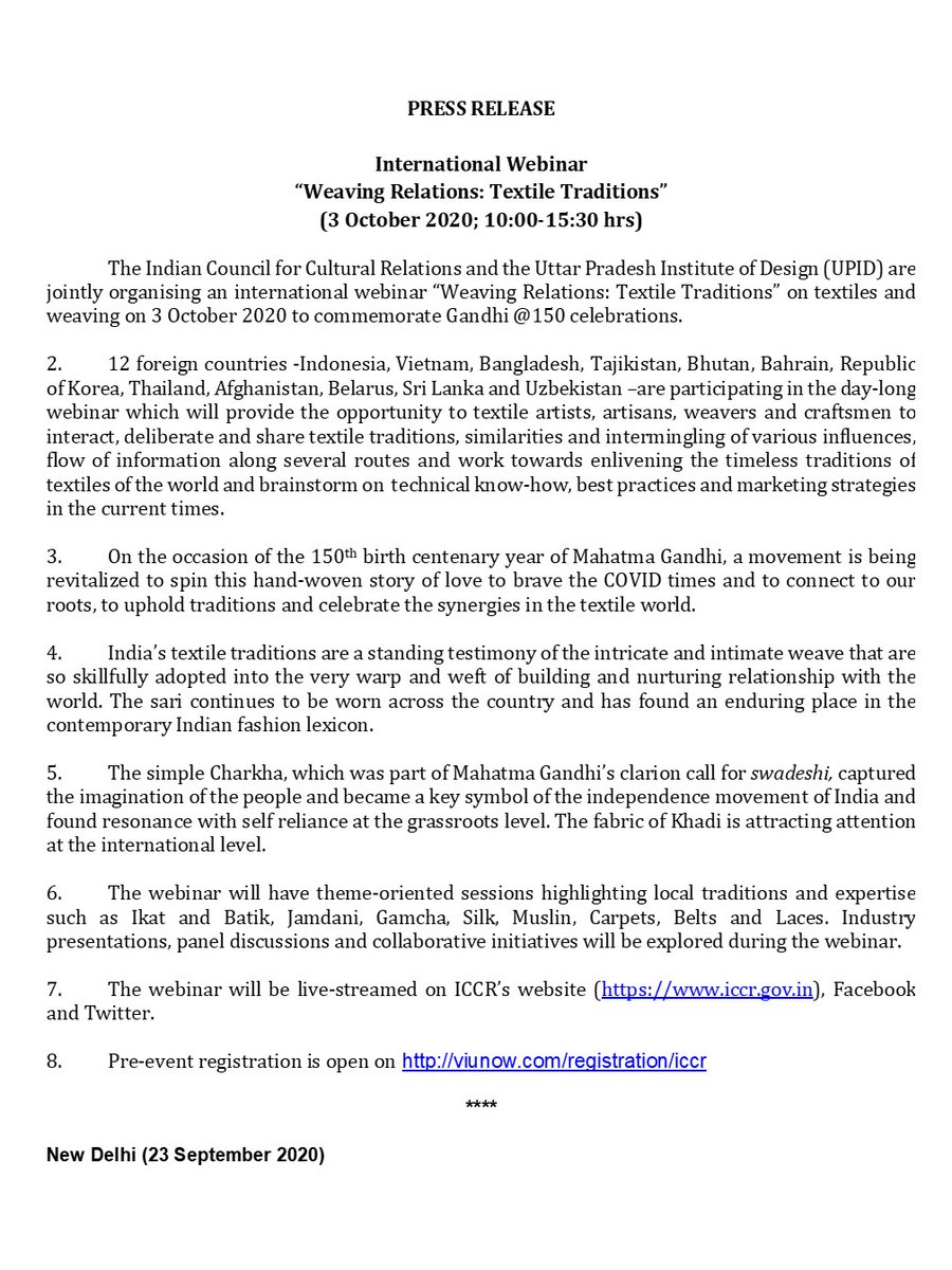 Indemb_Muscat's tweet photo. As part of #150YearsofMahatma celebration,
@ICCR_Delhi with @Upid_Msme, are organizing an International #Webinar on “Weaving Relations: Textile Traditions” on 3 October 2020.
Interested participants may register for the webinar on - https://t.co/8gei0NJG3j
@MEAIndia https://t.co/IqzDd5ItFW