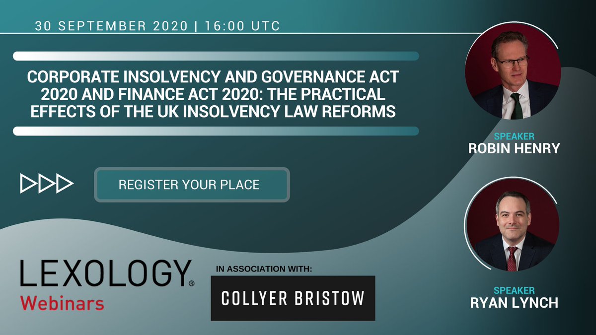 Upcoming live webinar! At a time when the world is expected to be hit by a wave of insolvencies and restructurings due to the pandemic, don't lose your opportunity to gain key insight from <a href="/Collyer_Bristow/">Collyer Bristow</a> on 30 September 2020 (16:00 UTC) bit.ly/3i1zHFH #coronavirus