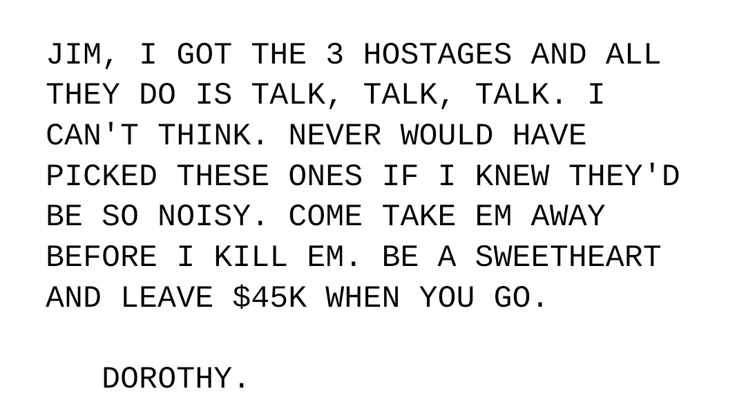 A ransom note in the style of Dorothy Parker
