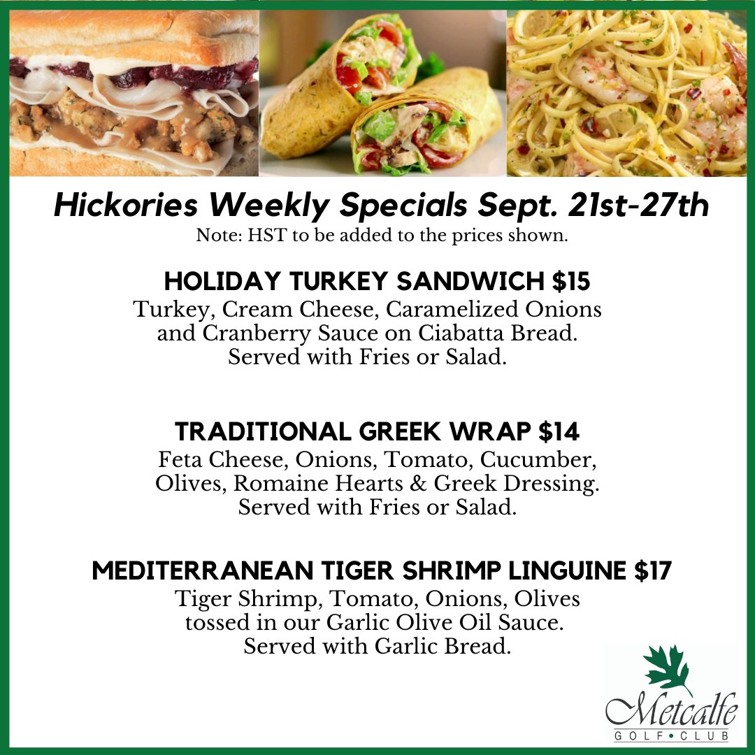 MetcalfeGolf's tweet image. Our specials for this week are: Holiday Turkey Sandwich, Traditional Greek Wrap, Mediterranean Tiger Shrimp Linguine. Give our kitchen a call at 613-821-4564 to place your order.
#russell #manotick #winchester #barrhaven #orleans #cumberland #ottawafood #ottawafoodies