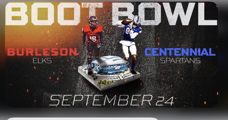 Gosset41's tweet photo. LETβS GET READY TO RUMBLE! ITβS GAME DAY!!
GAME #7 π·
GAME #1 (Class 6A/5A)
π Season Opener
π Burleson vs Centennial
π₯Ύ THE BOOT BOWL
π AT&T Stadium
β° 7 PM
π» @Gosset41
πΈ Steve Nurenberg
π Senior Night
π‘ 37-10
π‘ 21-7
π¦ 31-28
π‘ 28-11
π¦ 55-35
π¦ 22-10
π¦ 28-25
π‘ 42-6 https://t.co/0gz2btlkwT