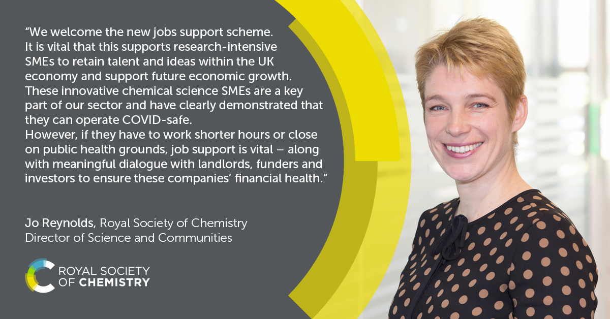 RoySocChem's tweet photo. Innovative chemistry SMEs need support to continue vital research – they are operating #COVID19-safe, yet for any closures/short time, a #FurloughScheme is vital, plus dialogue with funders and landlords #chemistryworkforce https://t.co/J3gNkU0zNG #RSCIndustry https://t.co/L5TVOf3KYD