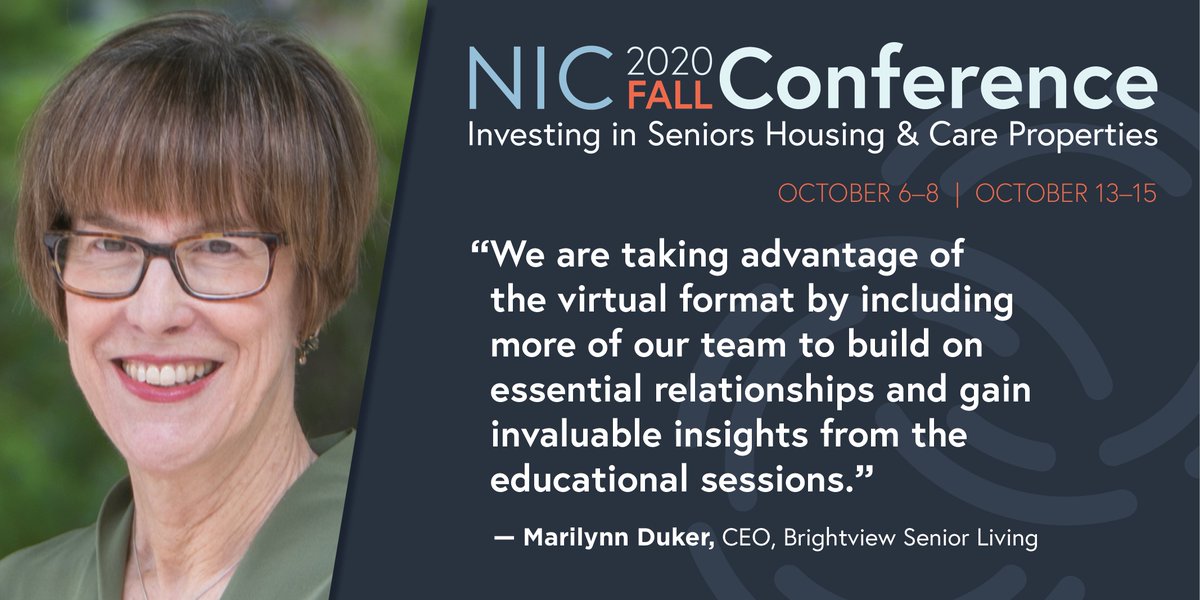 Natl_Inv_Ctr's tweet photo. Like many #NICFall2020 attendees, Brightview Senior Living CEO Marilynn Duker recognizes that a virtual conference allows more people from her company to log on, learn and network. #seniorliving https://t.co/ORxCaSRMJ2 https://t.co/PogNQofSkz