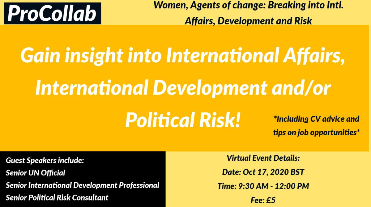 ProCollab_'s tweet image. We are excited to announce our upcoming virtual event for those looking for job opportunities, CV advice and insight into International Affairs, Development and Political Risk! Guest speakers include career consultants and UN officials.
Sign up here: procollab.net/event/women-ag… #job