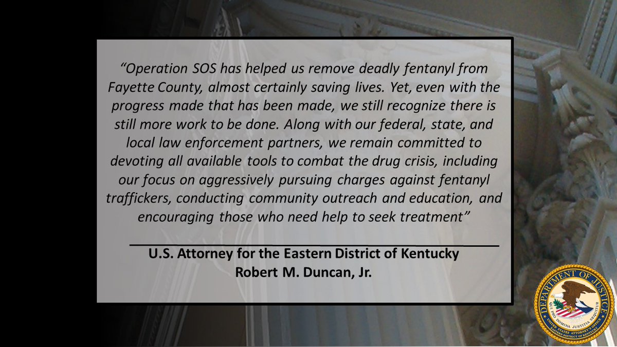 USAO_EDKY's tweet photo. U.S. Attorney Duncan Announces Results in Fight Against the Opioid Crisis Two Years After Launch of Operation S.O.S.
https://t.co/gKRnDJRBDv https://t.co/0SYpxnjnqF