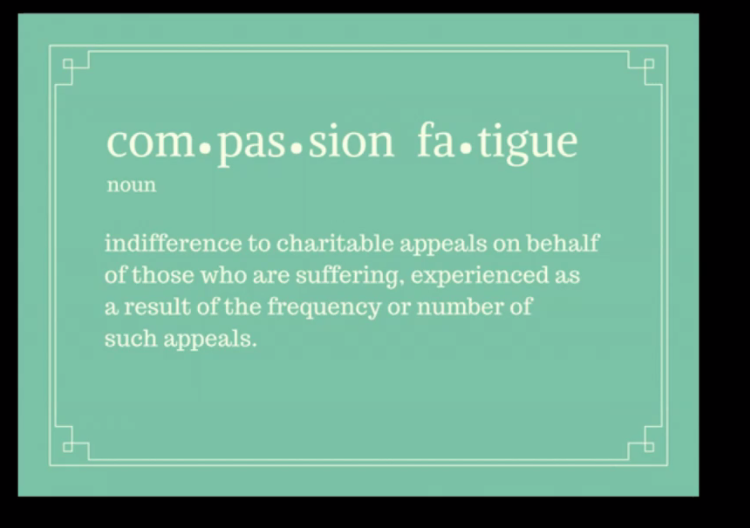 . @atompkins said symptoms of compassion fatigue can include:- Exhaustion without the ability to get rest (physical/mental)- Poor work/life balance: Often overcompensate bc want colleagues to know that you're working- Quick to anger- Dreading work- Hypersensitivity 2/  #IRE20