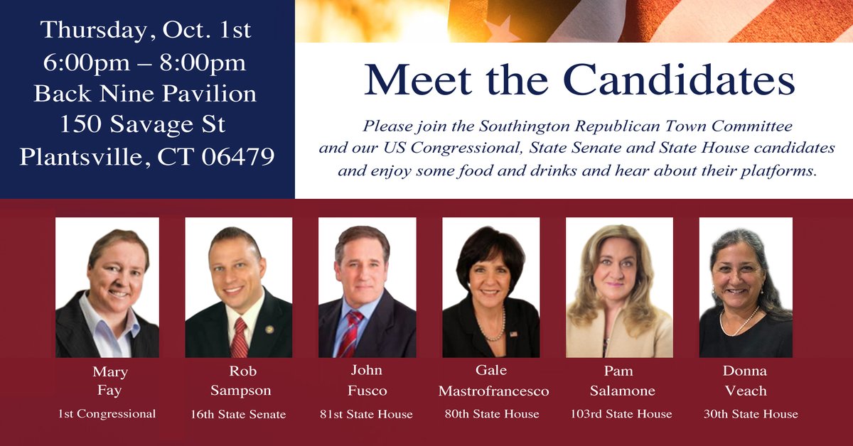 Please join the Southington Republican Town Committee and our US Congressional, State Senate and State House candidates and enjoy some food and drinks and hear about their platforms.

fb.me/e/2WLn0DBwO