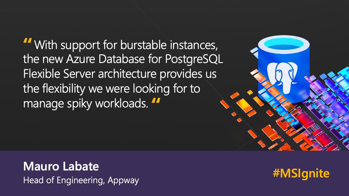 AzureDBPostgres's tweet image. This is what customer @MauroLabate, head of engineering at @Appway, is saying about the new Flexible Server option for #AzureDBPostgres that we announced at #MSIgnite
We love feedback of all kinds. Thanks Mauro! 🐘
More details in @kamathsun's blog post techcommunity.microsoft.com/t5/azure-datab…