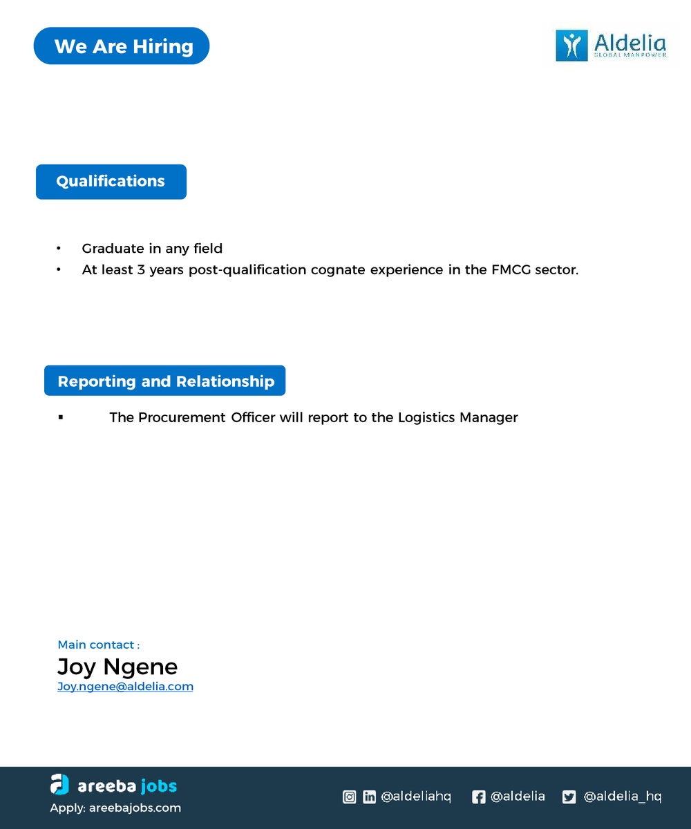 Aldelia_hq's tweet photo. Apply for the position of a Procurement Officer in Lagos, Nigeria
Visit https://t.co/I3uHst1wPv
#Aldelia #areebajobs #jobvacancy https://t.co/i7PIY3Z9jg