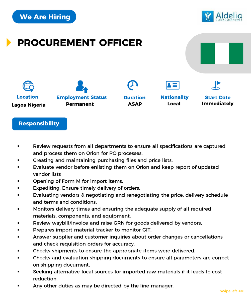 Aldelia_hq's tweet photo. Apply for the position of a Procurement Officer in Lagos, Nigeria
Visit https://t.co/I3uHst1wPv
#Aldelia #areebajobs #jobvacancy https://t.co/i7PIY3Z9jg