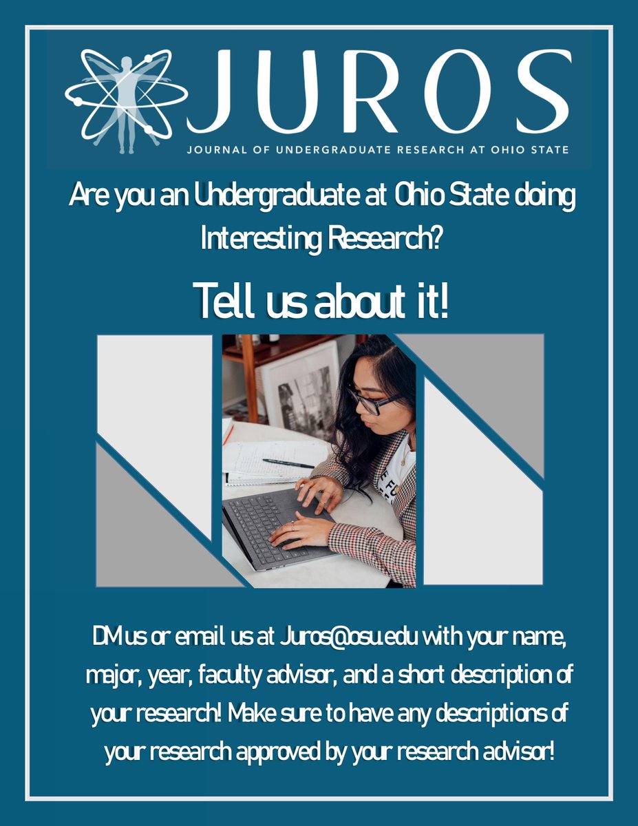 JUROS_OSU's tweet image. Are you doing interesting undergraduate Research at Ohio State? Tell us about it and get featured on our social media! Message us with the following information or email us at juros@osu.edu! 🧐📝🔬