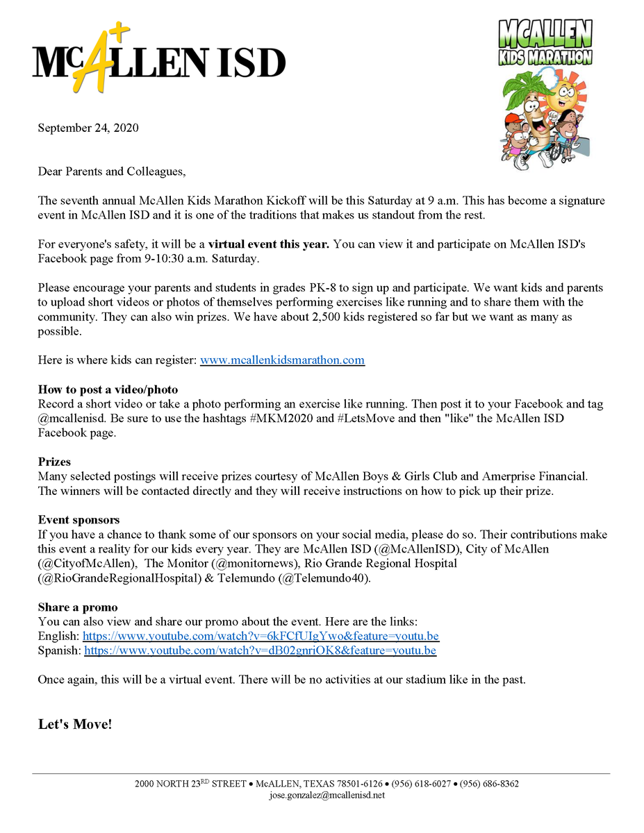 McAllenISD's tweet photo. The 2020 Virtual McAllen Kids Marathon Kickoff is set for Saturday at 9am-10:30am. 
Register here: https://t.co/LxLmSQWFje
#DistrictOfChampions #MKM2020 #LetsMove @CityofMcAllen https://t.co/oibQF80vhF