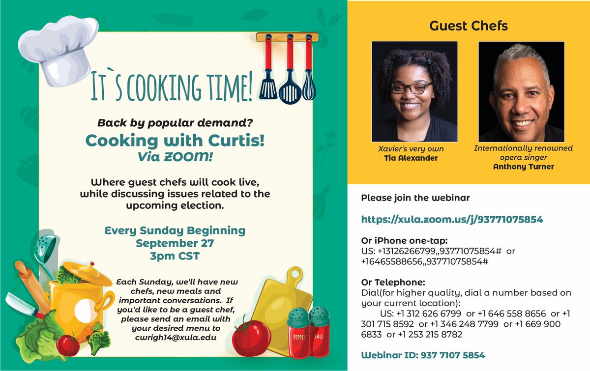XULAStuAffairs's tweet photo. Back by popular demand! Cooking with @CurtisW59719934 will kickoff this Sunday with special guests @alexandertia_ and Mr. Anthony Turner #XULA #CookingWithCurtis https://t.co/g0ECReOK63