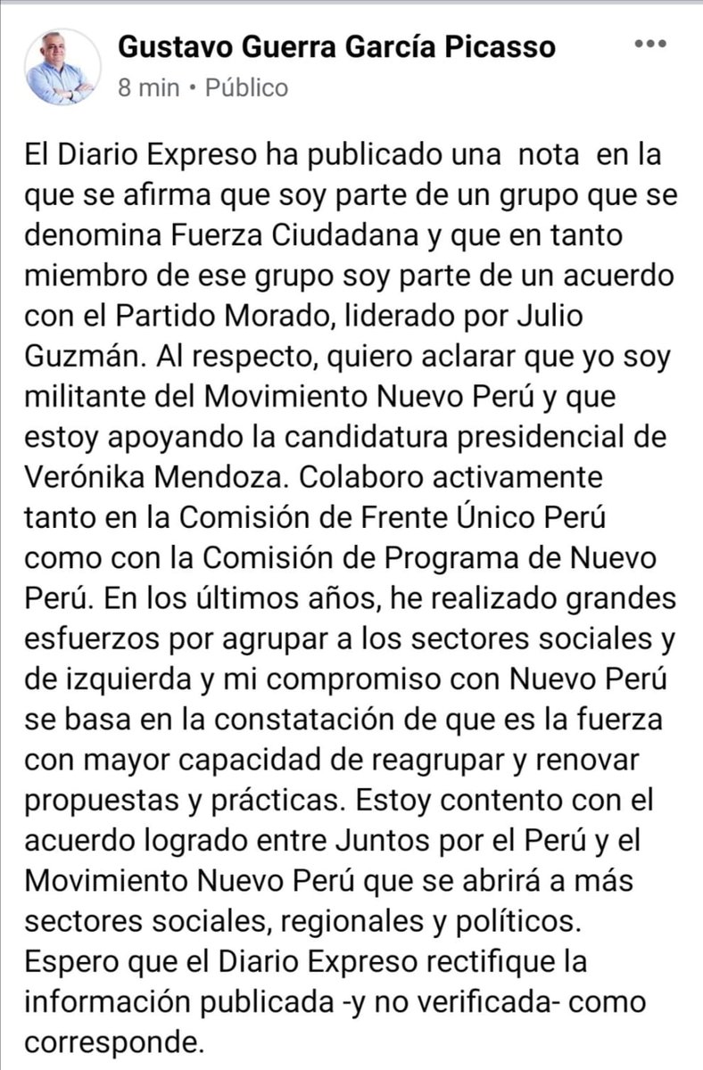 Sobre una reciente publicación de <a href="/ExpresoPeru/">Diario Expreso</a>, debo señalar que soy militante del <a href="/NuevoPeruMov/">Nuevo Perú</a> y  respaldo la candidatura de <a href="/Vero_Mendoza_F/">Verónika Mendoza</a>, lo hago convencido de que este es el espacio con mayor capacidad para reagrupar y renovar propuestas y prácticas. #ARecuperarElPerú