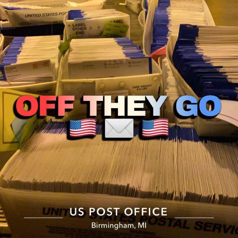 The Clerk’s Office has been busy! More than 8,500 ballots were delivered to the post office this morning. They will continue to mail absentee ballots as new requests come in. 

Request an AV ballot: mi.gov/vote
B'ham Voter Info: bhamgov.org/voting or 248.530.1880
