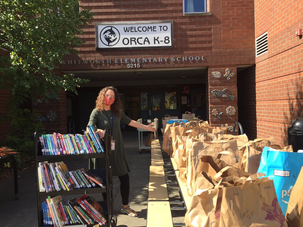 Curbside Library Book Pick Up is growing! The Orca garden teacher and I joined forces to nourish the bodies and minds of our students! #SPSConnects #CurbsideLibraryServices #spslibrarians