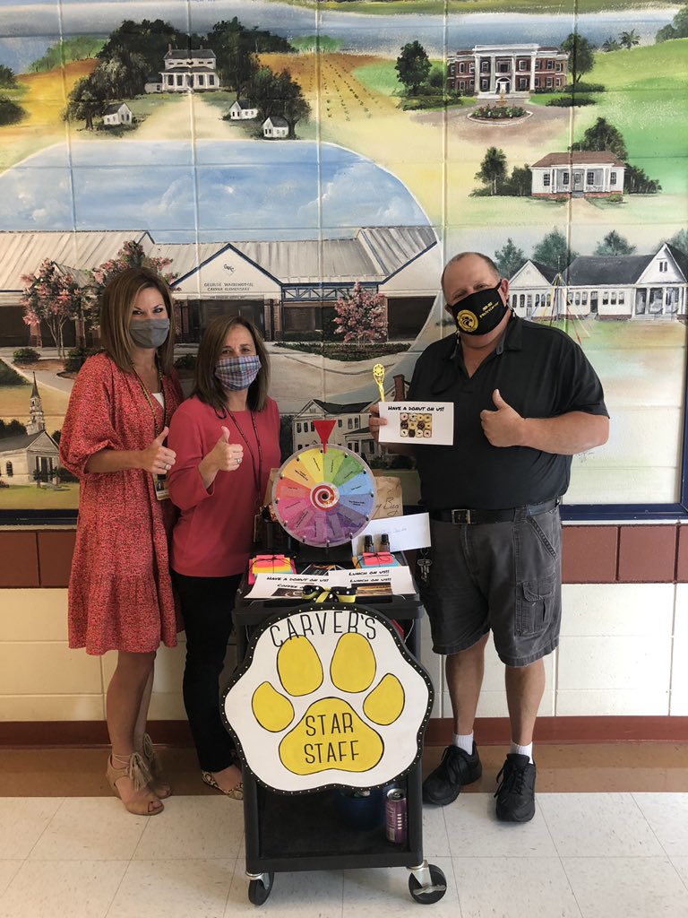 We are so fortunate to work w/ such an amazing staff. Today we are recognizing Varina Moser &amp; Mike Vedrani for their hard work &amp; dedication <a href="/CarverES_RH/">GWC Elementary</a> . They even got to spin the “prize wheel” for a special treat!! #ThumbsUpThursday #ItsShowtime #PBIS