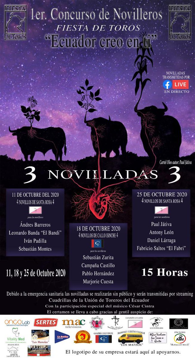 SerTaurinoEc's tweet photo. Fiesta de Toros organiza el evento taurino del año "Ecuador creo en ti" un triplete de novilladas con jóvenes ecuatorianos, una gran oportunidad para conocer la nueva generación de toreros nacionales, muchos éxitos a los alternantes y muchas gracias a los organizadores. https://t.co/brtdFDBs6S