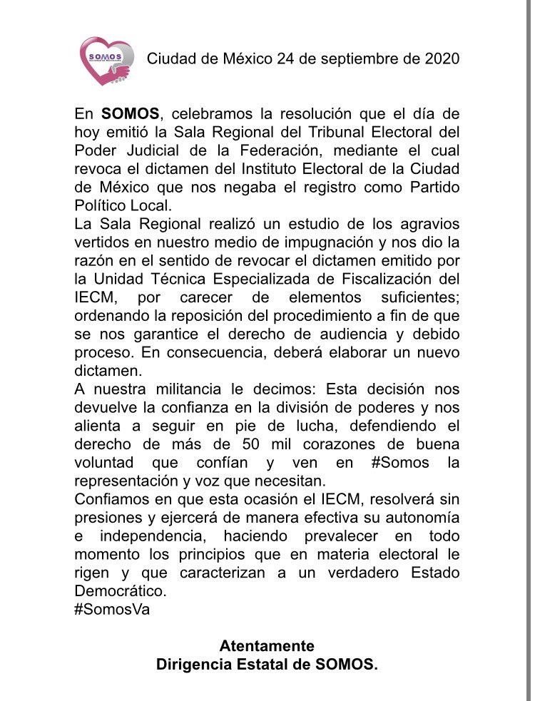 orgSOMOSmx's tweet photo. En SOMOS, celebramos la resolución que el día de hoy emitió la Sala Regional del Tribunal Electoral del Poder Judicial de la Federación.
Seguiremos hasta el final porque no somos 1, somos 50 mil!
#SOMOSVA!
#SociedadEnMovimiento
#SOMOScdmx https://t.co/GqC2tUB016