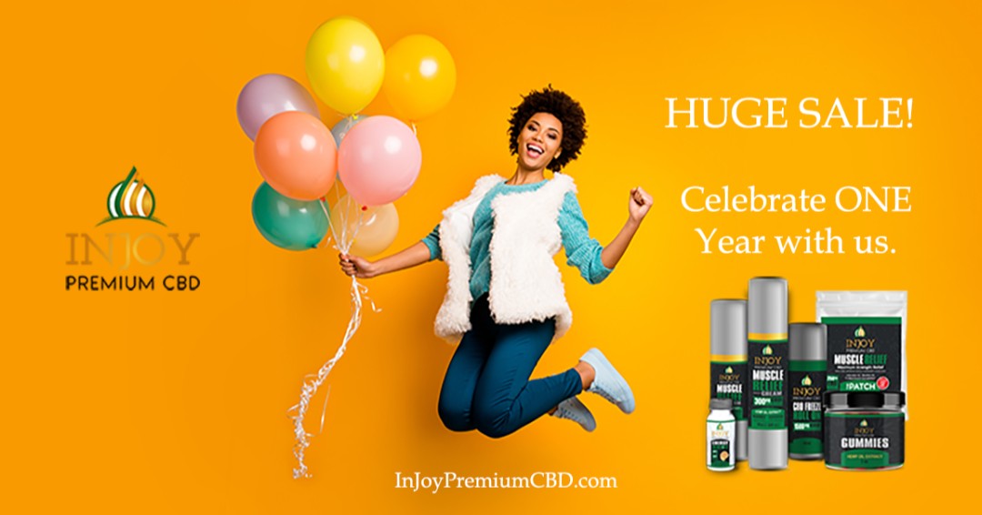 InjoyPremium's tweet image. InJoy CBD Today and celebrate one year with us.  We appreciate the support and look forward to the next year together making the world a little less stressful with #CBD.  #Sale #Celebration #stress