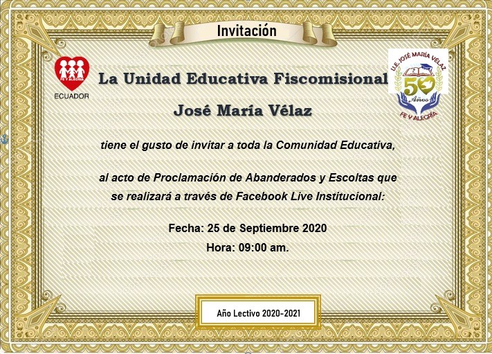 Invitamos a todos los que deseen acompañarnos, el día viernes 25 de septiembre a las 9 am a la celebración de Proclamación de Abanderados y Escoltas de la @uejmvfeyalegria. Homenaje a nuestr@s mejores estudiantes;  EJEMPLO de entrega y constancia por el trabajo BIEN hecho.
