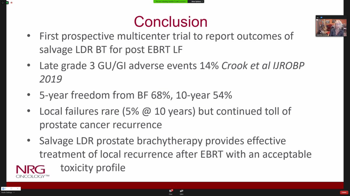 Dr. Crook w/ further outcomes for NRG/RTOG 0526, Salvage LDR brachytherapy after conventional EBRT for prostate cancer #pcsm #radonc. Effective with acceptable toxicity. #carovsm2020. PSMA PET may help future pt. selection, HDR brachy (&amp; ?partial prostate RT) may be even safer