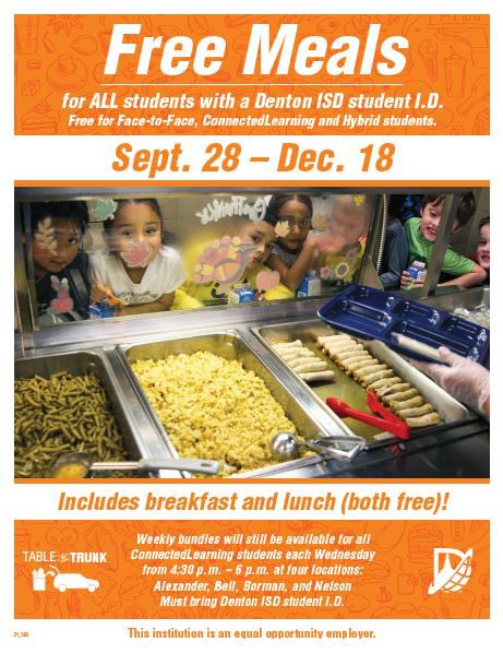 Basically, as of Monday, 9/28, ALL Denton ISD students are eligible for free breakfast and lunch, regardless of instructional method. ConnectedLearning students can pickup weekly bundles on Wednesday’s from 4:30-6 at Alexander, <a href="/Bell_DISD/">Bell Elementary - Denton ISD</a>, <a href="/BormanPYP/">Borman PYP</a>, and <a href="/LionsLearning/">NelsonLionsLearning</a>.