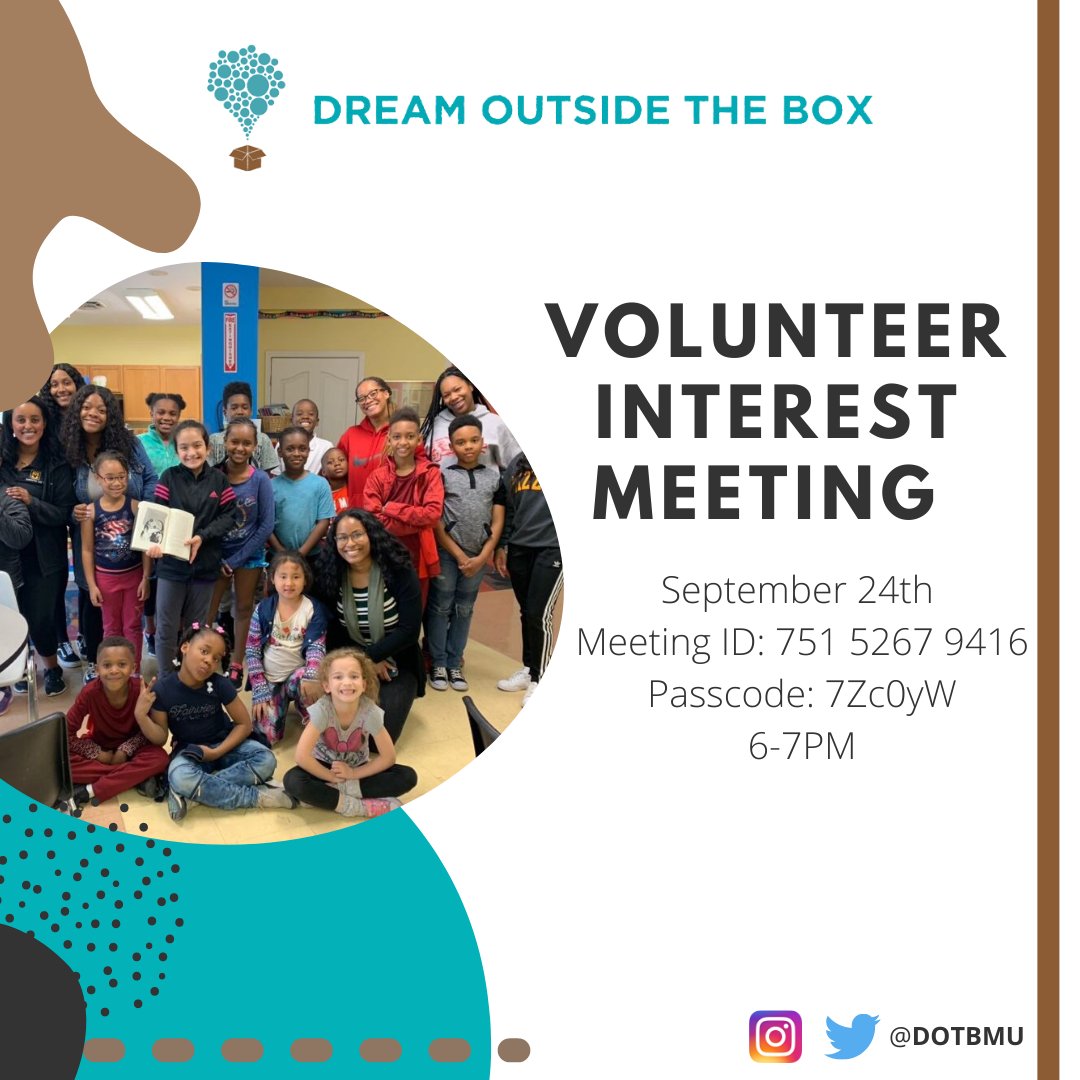 DOTBMU's tweet photo. ❗️Join us TONIGHT at our Volunteer Interest meeting! Learn the history of DOTB + how you can help broaden horizons for our dreamers ❗️#DOTB💫☁️ https://t.co/BRcH5QS7Ks