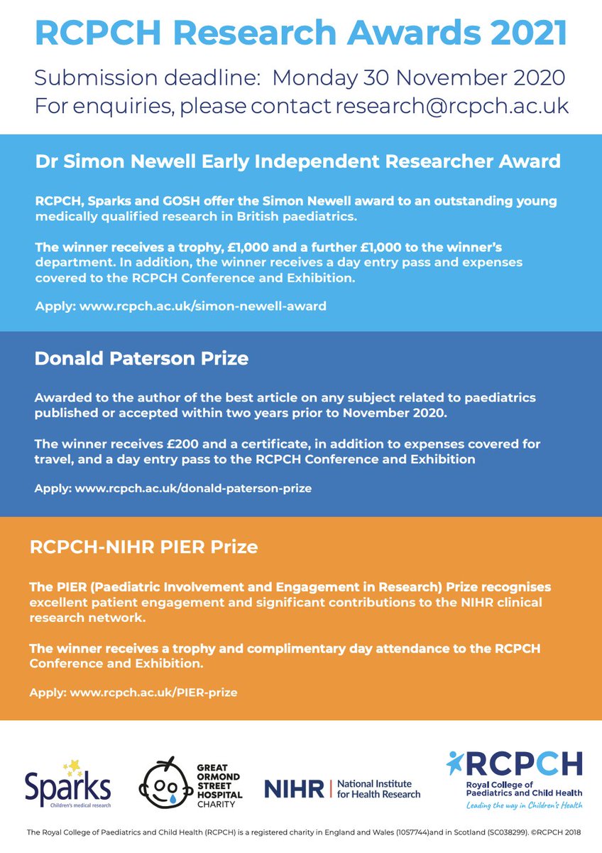 The <a href="/RCPCHtweets/">RCPCH</a> research awards are now open; The Simon Newell, Donald Paterson and the PIER prize. Two of these are specific to early year paediatricians engaging in research, and offer monetary prizes to the winner. Please see more info below.