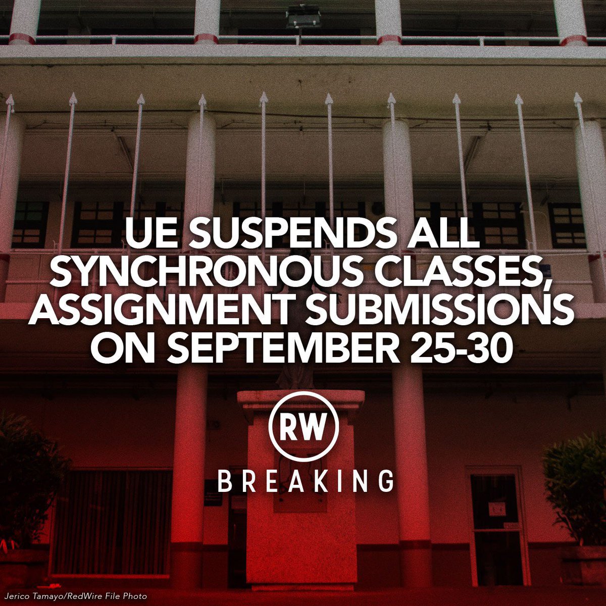 RWconnects's tweet photo. BREAKING: All synchronous classes, examinations, and assignment submissions in the University of the East (UE) Manila and Caloocan campuses have been suspended from September 25 to 30 due to the announced repair of internet cables by PLDT.

#BeyondConnections #WalangPasokusc https://t.co/iBnE9p17t7