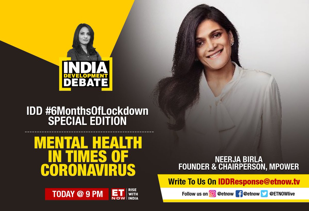 ETNOWlive's tweet photo. #IDD | #6MonthsOfLockdown Special Edition: How has the #CoronavirusPandemic affected your mental heath? Find out at 9 pm on the 'India Development Debate'
@mpowerminds @NeerjaBirla @TamannaInamdar https://t.co/1b6RvR8MKL