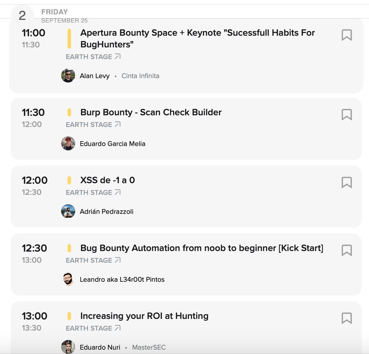 BugBountyArg's tweet image. Ya hiciste tu lista de charlas favoritas de la @ekoparty ? acá te dejamos la agenda de nuestro espacio para el día Viernes (con horarios de Argentina, chequea tu zona horaria!) #BugBounty #pwndemic #eko2020 #bugbountytips