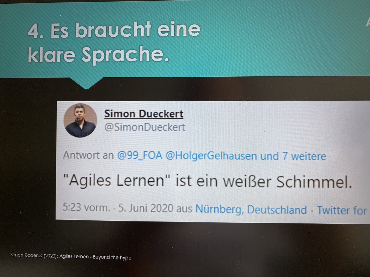 Sehr interessante Session ‚Agiles Lernen - beyond the Hype‘ beim #clc20hybrid 
Klare Sprache verwenden sagt <a href="/SimonRoderus/">Simon Roderus</a> ‚Agile Lernkonzepte anstelle von agilem Lernen‘  ... eine sehr sinnvolle Denkanregung