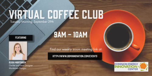 Join us this Tuesday on ZOOM with your favorite coffee.  Olivia is the Owner and Lead Designer at Mortensen Designs, a graphic design studio in RVA.. 
She is here to help with website design and UI!!
#RVAlocal #startup #tips #Entrepreneur