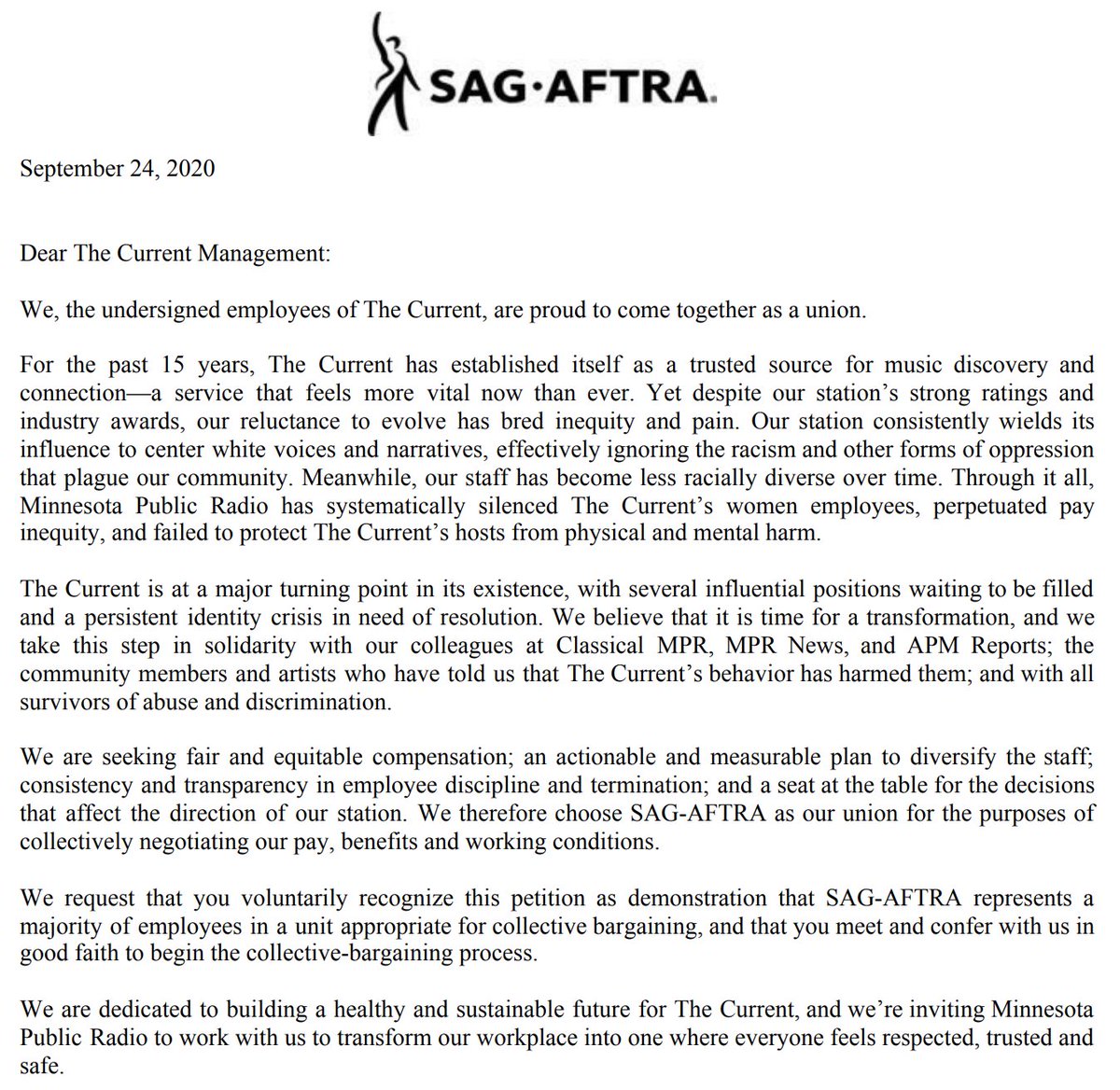 MPRMusicUnions's tweet photo. Big news 🎉🎉 🎉 Content creators at @classicalmpr and @thecurrent are unionizing with @sagaftra. More than 80 percent of us signed our union recognition petitions, and today we delivered them to management. Here’s why we’re organizing. #WeMakeMPRMusic (1/9) https://t.co/mJoxQJsbh6